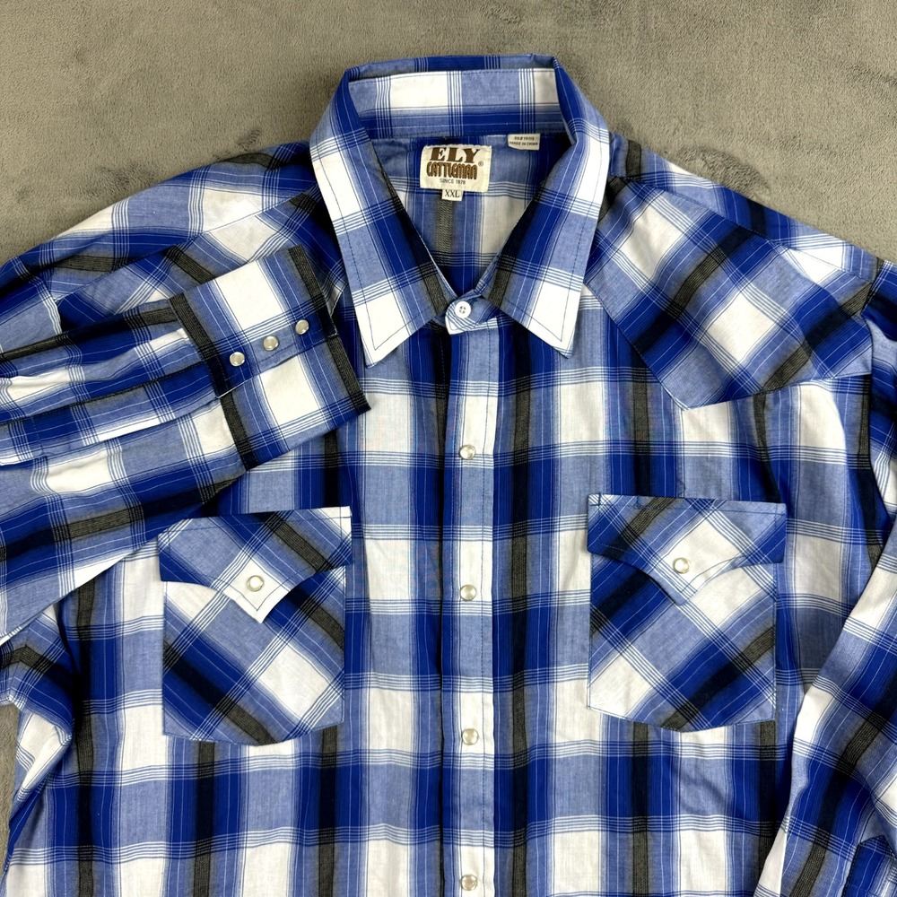Fly‎ Cattleman Mens Shirt Size XXL Button Up Pearl Snap Blue Western Long Sleeve